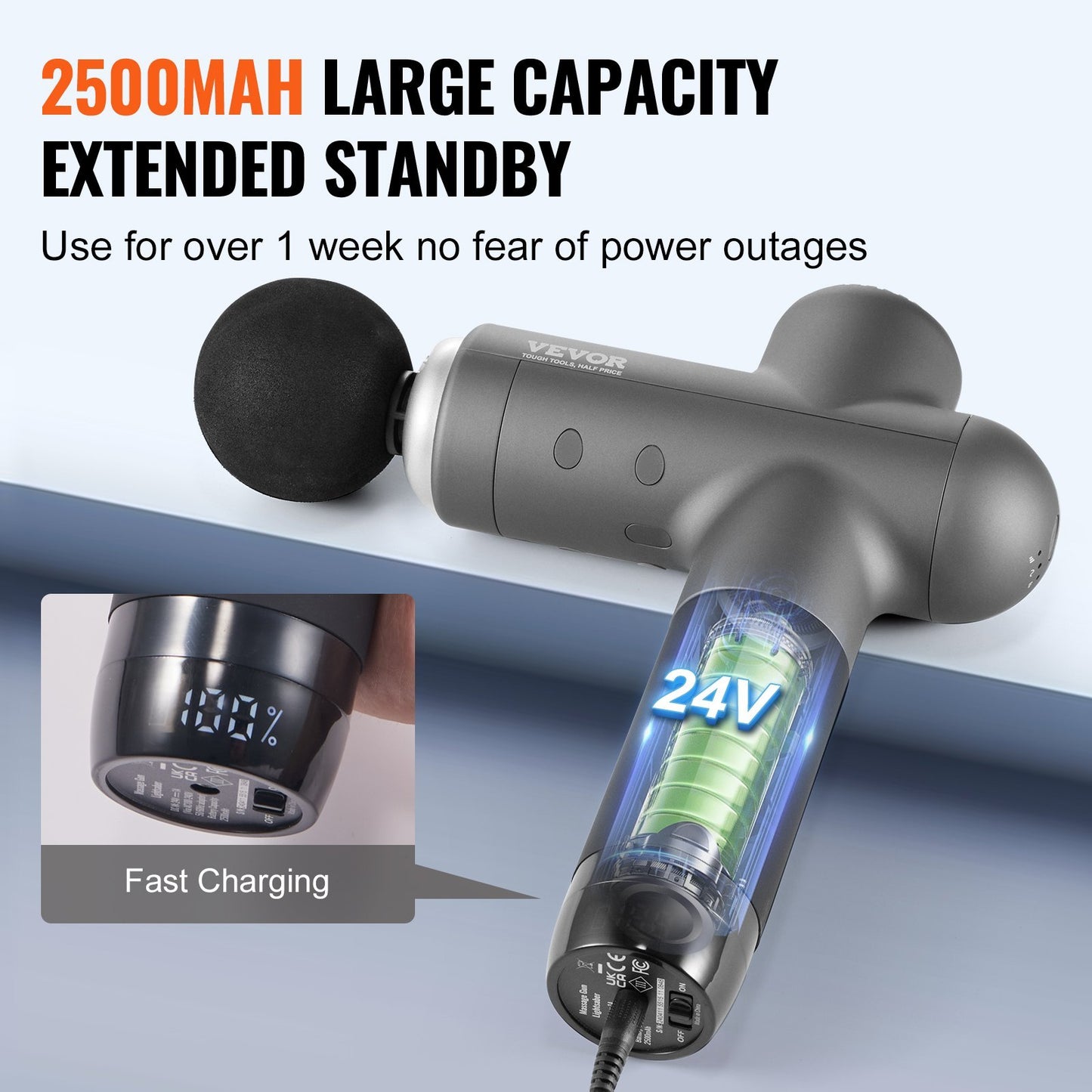 VEVOR Massage Gun Deep Tissue, Muscle Percussion Massage Gun For Athletes, Handheld Massage Gun For Pain Relief, Muscle Relaxation - With 8 Speed Levels & 6 Massage Heads, 24V 2500mAh