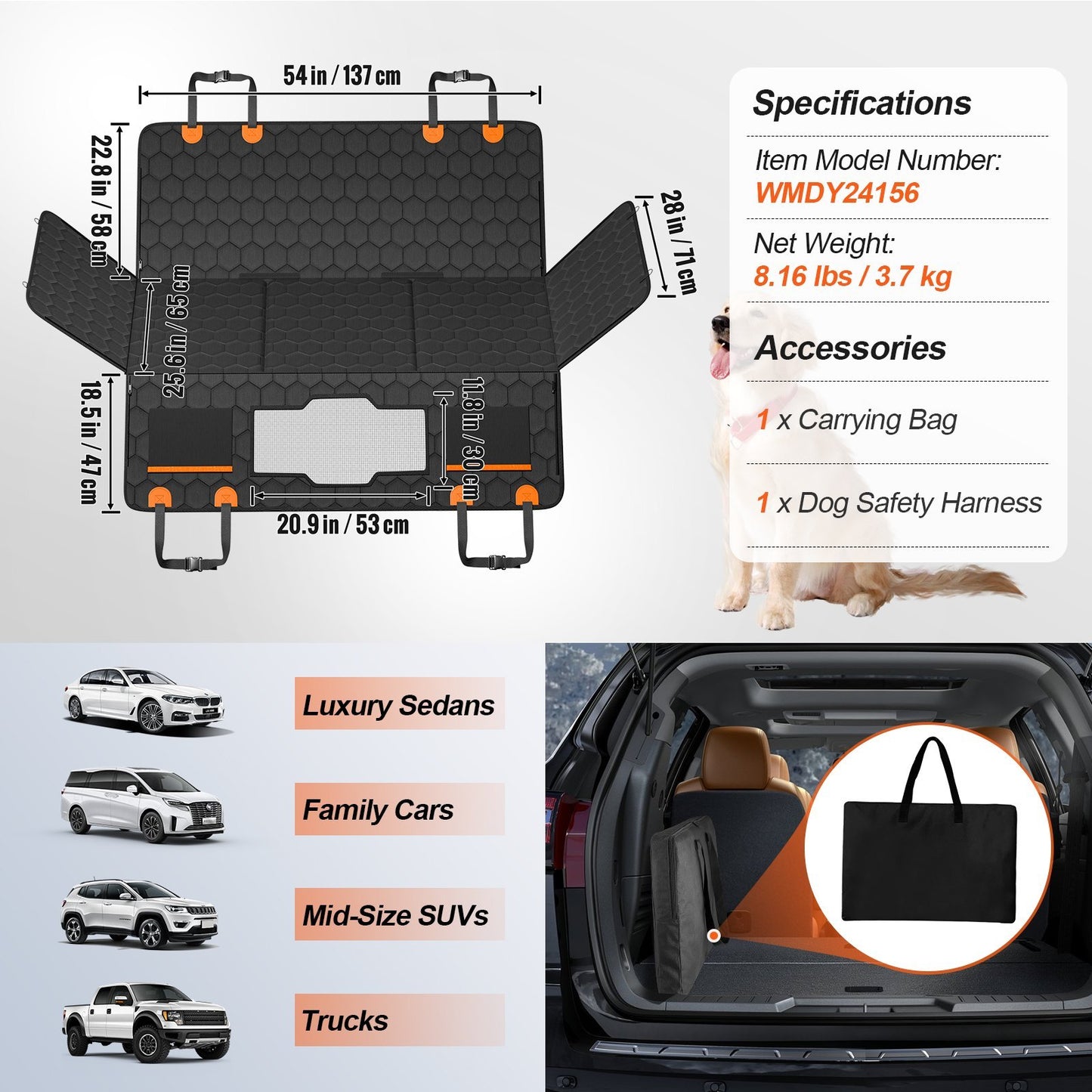 VEVOR 54 X 25.6 In Dog Car Seat Cover For Back Seat Waterproof 600D For Cars