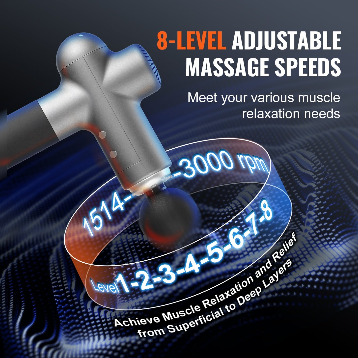 VEVOR Massage Gun Deep Tissue, Muscle Percussion Massage Gun For Athletes, Handheld Massage Gun For Pain Relief, Muscle Relaxation - With 8 Speed Levels & 6 Massage Heads, 24V 2500mAh