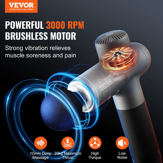 VEVOR Massage Gun Deep Tissue, Muscle Percussion Massage Gun For Athletes, Handheld Massage Gun For Pain Relief, Muscle Relaxation - With 8 Speed Levels & 6 Massage Heads, 24V 2500mAh